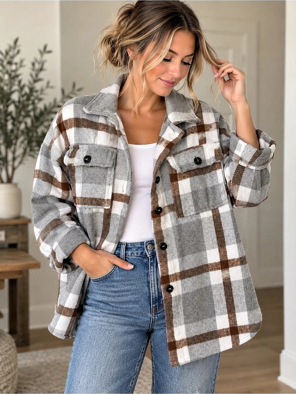 Plaid Shirt Jacket in Gray & Brown Like New